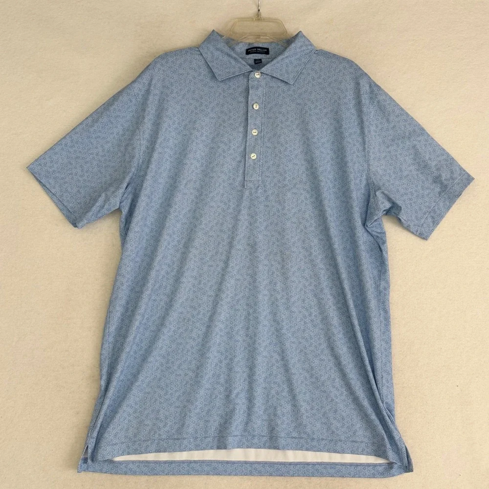Peter Millar Avenue Performance Jersey Polo Shirt Mens XL Blue Wheel Print Golf